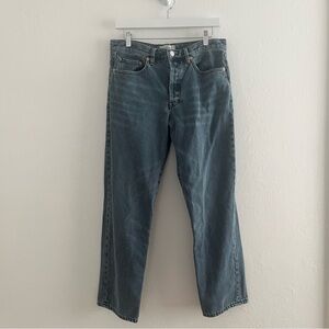 We The Free High Rise Button Fly Jeans Sz 28 straight leg blue dark wash denim